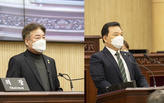 안산시의회가 17일 시에 코로나19로 피해를 입고 있는 시민들을 위한 재정지원책 마련을 요청했다. 사진은 이날 열린 제260회 임시회 제2차 본회의에서 폐회사를 하고 있는 김동규 의장(왼쪽)과 5분 자유발언에 나선 이기환 의원 모습이다.