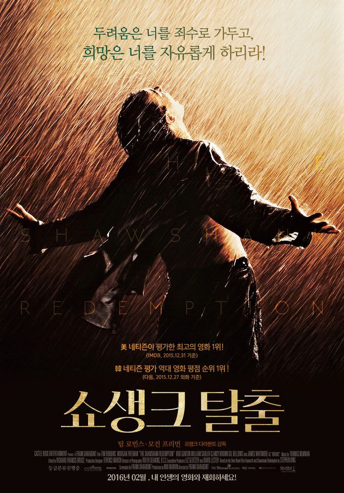 1995년 국내에서 개봉한 영화 <쇼생크 탈출>. 아내와 그 애인을 살해한 혐의로 종신을 받은 촉방 받던 은행가 앤디의 대탈출기를 그린 영화로, 아카데미 영화제 7개 부문 후보에 올랐다. 이미지 네이버영화 