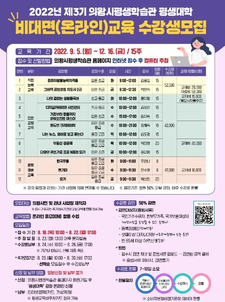 의왕시평생학습관, 2022년 제3기 평생대학 수강생 모집