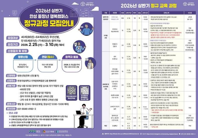 안성 중장년 행복캠퍼스, 2026년 정규교육과정 수강생 모집